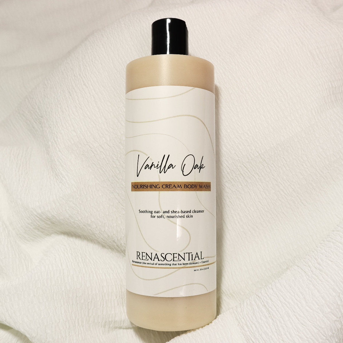 16oz bottle of Vanilla Oak body wash by Renascential